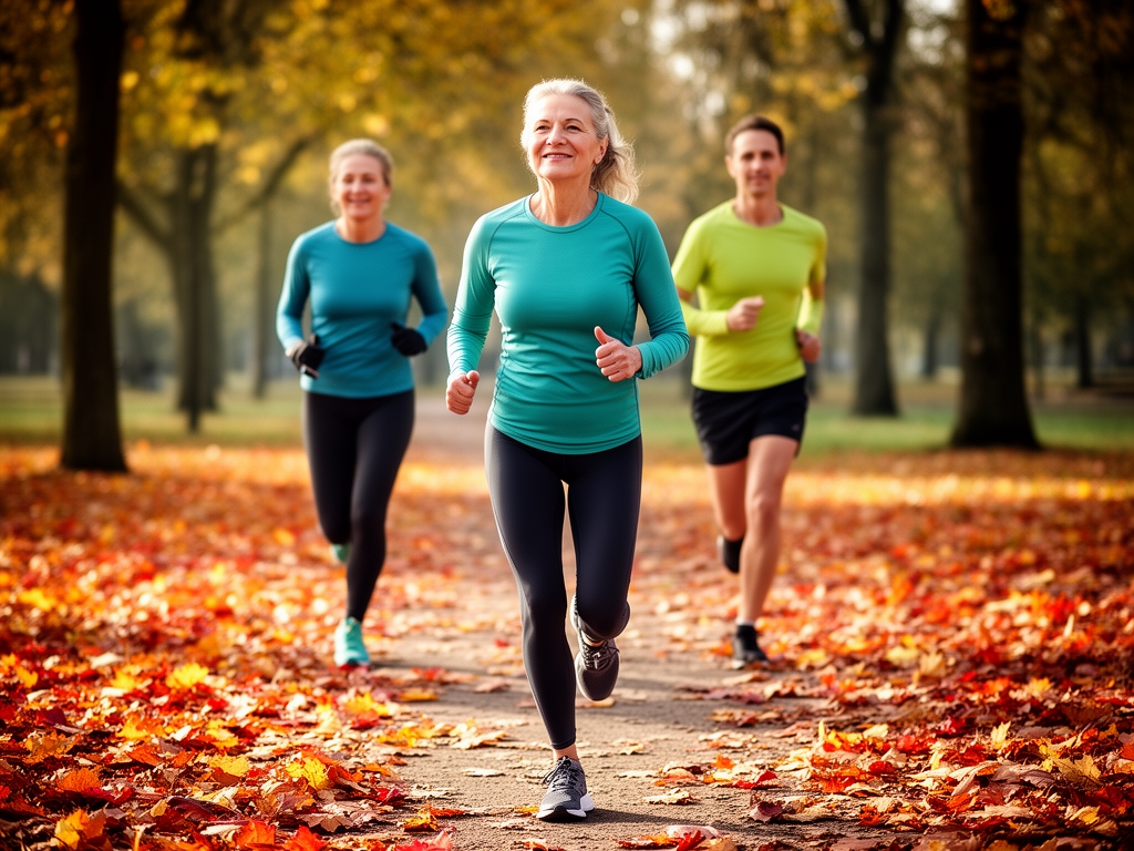 Para w średnim wieku uprawiająca jogging w parku jesienią – kolorowe liście na ścieżce, naturalne oświetlenie poranne, widać wyrazy skupienia i zadowolenia na twarzach bez produktów w kadrze