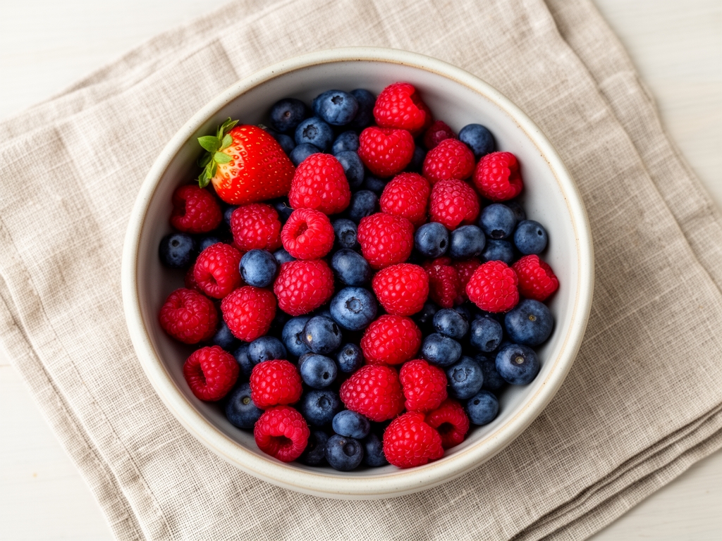 Zbliżenie na mieszankę świeżych jagód – borówki, maliny i truskawki w ceramicznej misce na lnianej serwetce, sfotografowane z góry przy naturalnym świetle dziennym