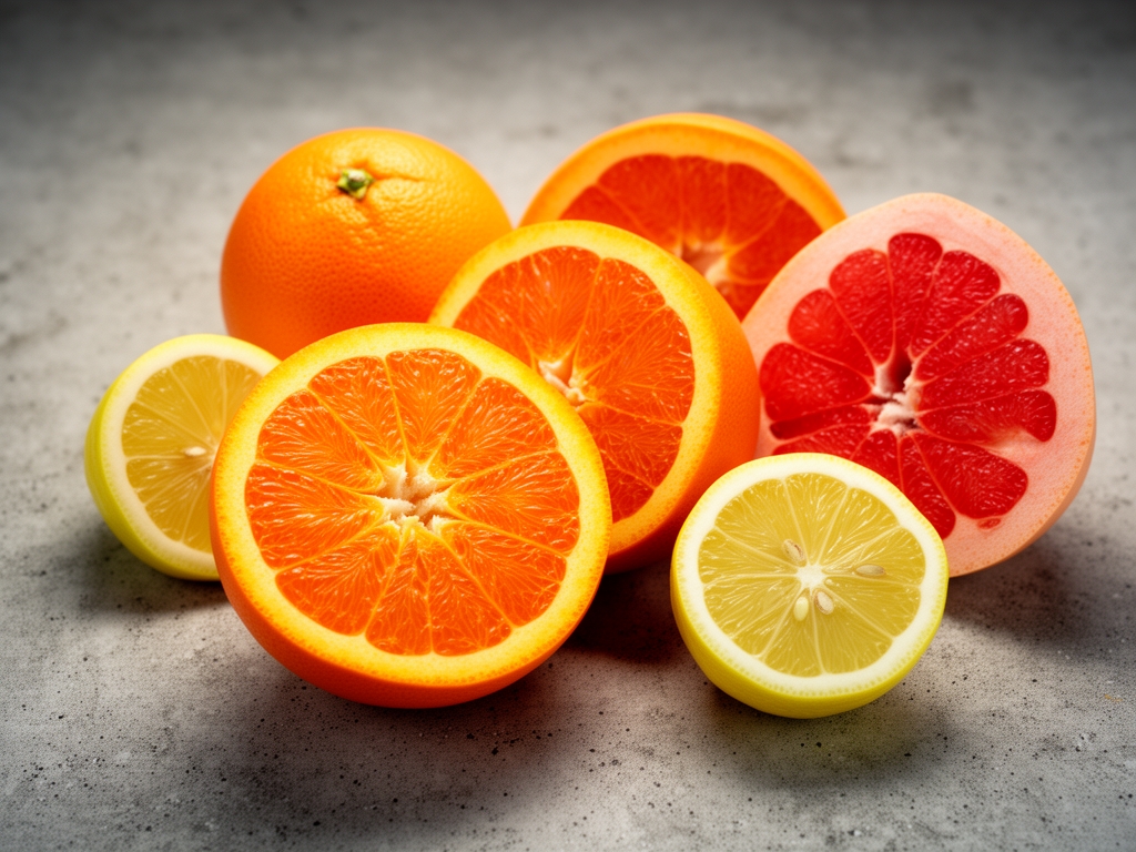 Przekrojone owoce cytrusowe – pomarańcze, cytryny i grejpfruty rozłożone na betonowej powierzchni, wyraźne struktury miąższu i nasycone kolory w ciepłym świetle studyjnym