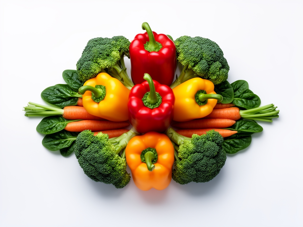 Kolorowe warzywa ułożone w symetryczną kompozycję – papryki czerwona i żółta, brokuły, marchewki i szpinak na jasnym białym tle z miękkim cieniem