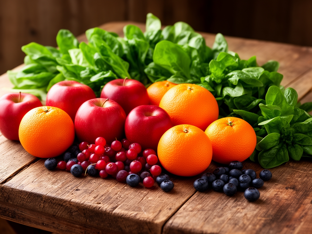 Bogaty wybór świeżych owoców i warzyw ułożonych na rustykalnym drewnianym stole – jabłka, pomarańcze, zielone warzywa liściaste i jagody w ciepłym naturalnym świetle