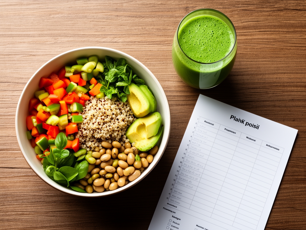 Widok z góry na przygotowany zdrowy lunch – miska pełna kolorowych warzyw, quinoa, awokado i strączków na drewnianym stole, obok szklanka zielonego smoothie i notes do planowania posiłków