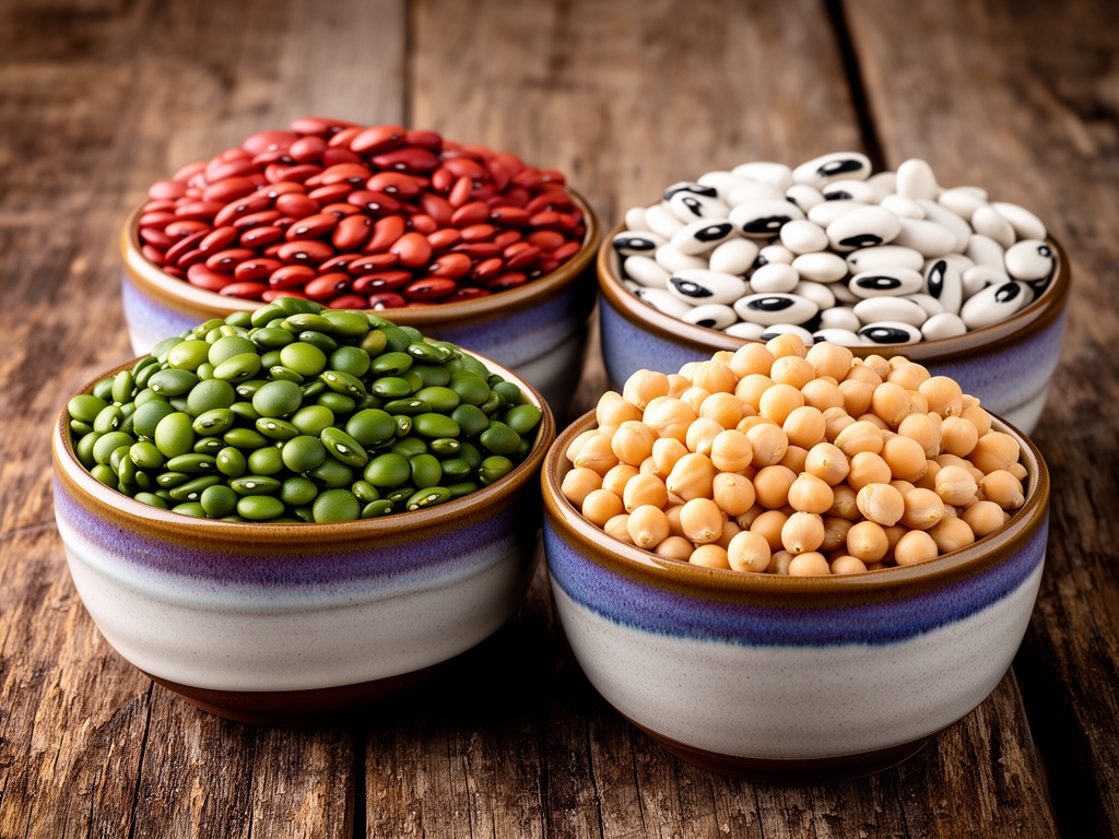 Różnorodne strączki i nasiona w ceramicznych miseczkach – soczewica czerwona i zielona, ciecierzyca, fasola biała i czarna na rustykalnym drewnianym stole z naturalną teksturą