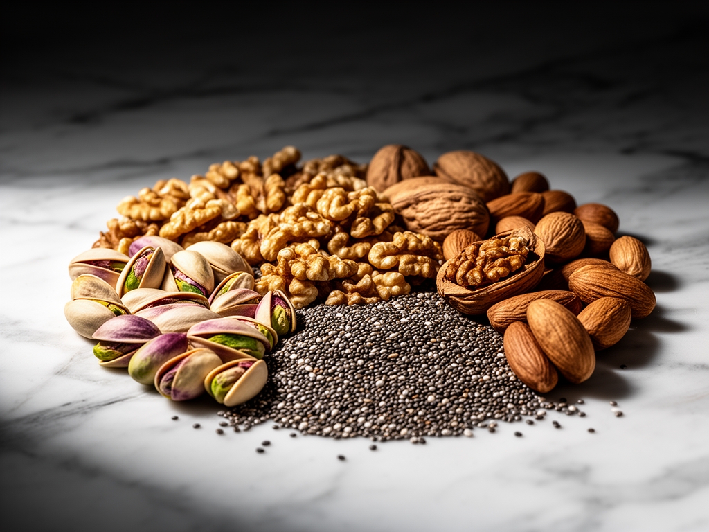 Przekrój przez łupiny orzechów i nasion – orzechy włoskie, pistacje, orzechy laskowe i nasiona chia na marmurowej powierzchni, fotografia makro z ostrym tłem i naturalnym bocznym oświetleniem