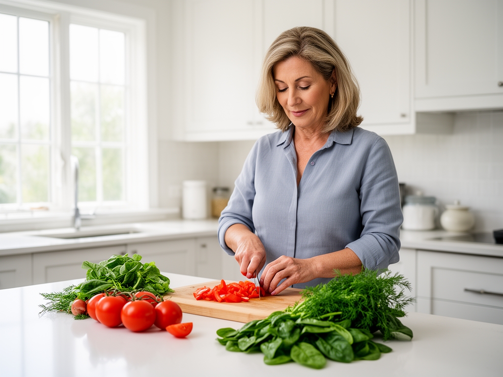 Kobieta w średnim wieku przygotowująca zdrowy posiłek w jasnej, nowoczesnej kuchni – kroi warzywa przy świetle okna, na blacie widoczne świeże składniki: pomidory, szpinak i zioła
