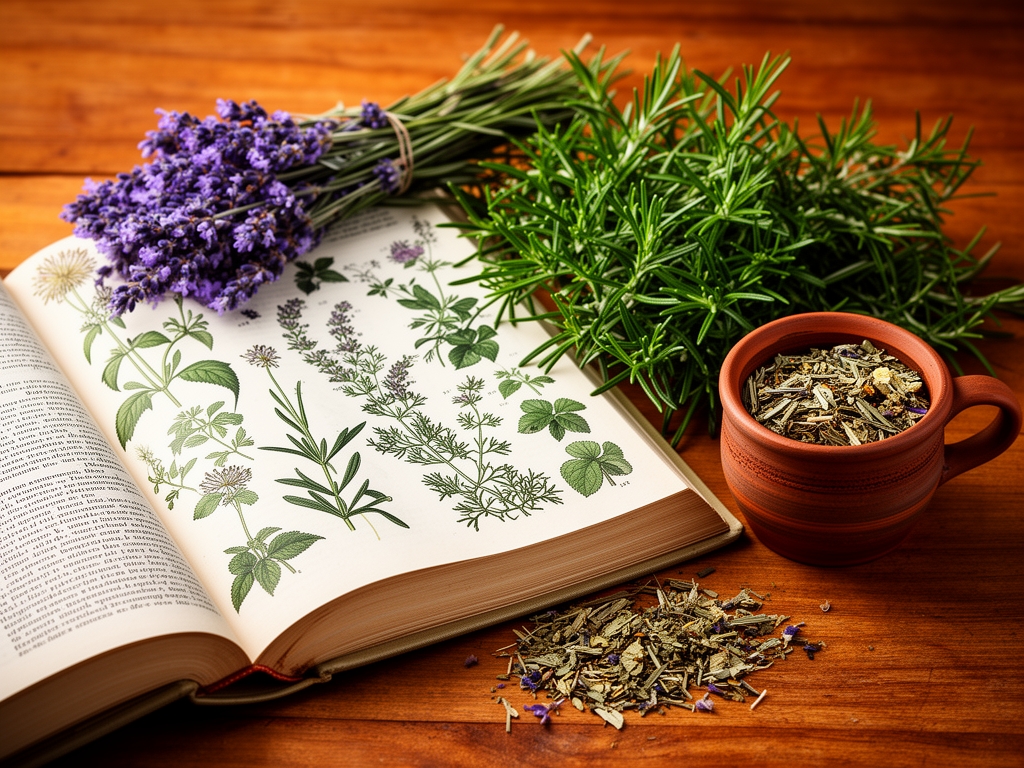 Stara księga z botanicznymi ilustracjami roślin leczniczych leżąca obok świeżych ziół – suszone kwiaty lawendy, rozmaryn i herbata ziołowa w glinianym kubku na tle ciepłego drewna, kameralne oświetlenie